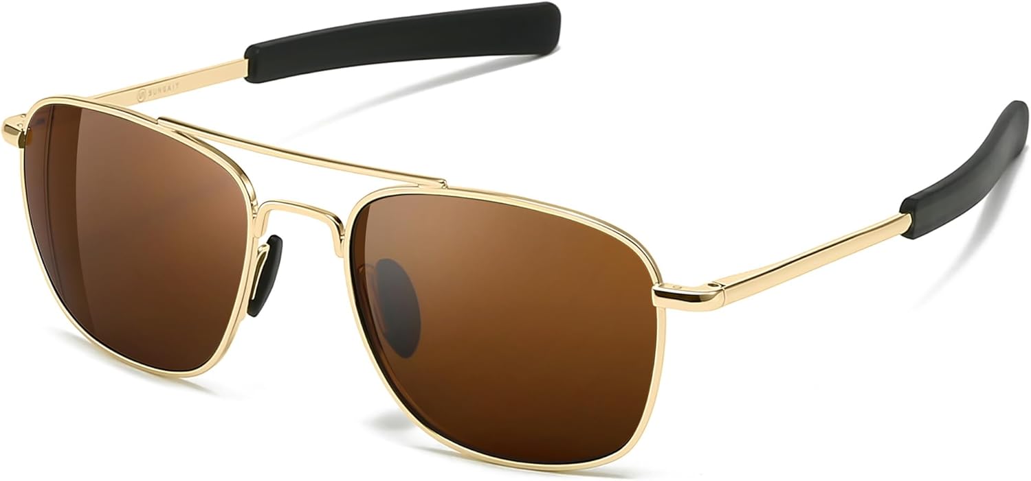 SUNGAIT Real Glass Lens Sunglasses Military Style Pilot Aviator HD Shades with Upgraded Spring Hinge Bayonet Temples