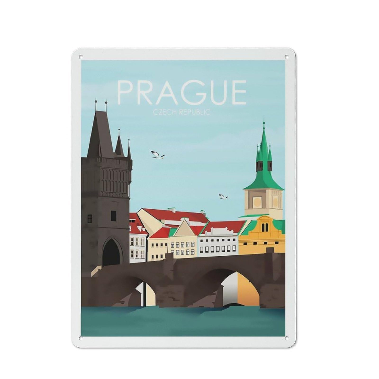 Junmoney Prague Retro Tin Wall Plaque 40X30cm For Home Office Or Studio, Wall Decoration For Home Offices And Studios
