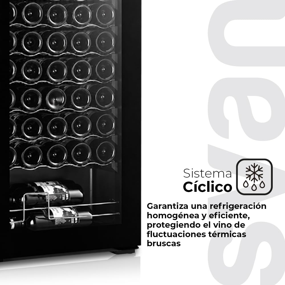 SVAN Vinoteca 55 Botellas Negro SVN5500S. 85W, Display LED táctil, Pantalla Digital Exterior, 10 Baldas de Madera, 1 Rejillas Metálicas, Clase de Eficiencia Enérgetica G