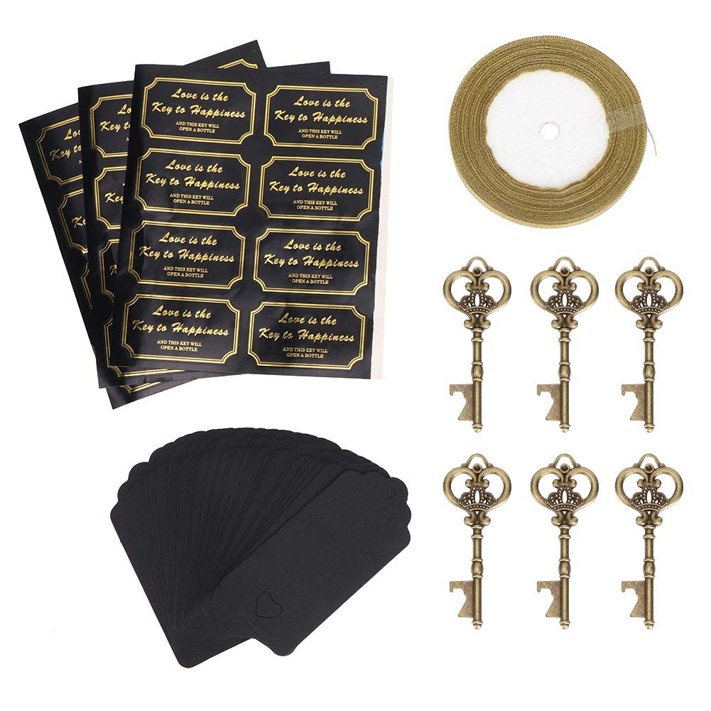 Apribottiglie a forma di chiave in stile retrò, strumento per aprire le birre in lega di zinco, apribottiglie vintage per matrimoni con etichetta e adesivo, ideale come bomboniera (Confezione da 50