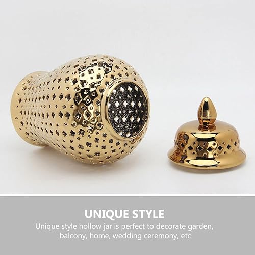Miniatura 3 de Tarro de jengibre de cerámica con tapa celosía decorativo Temple Jar Cut Out Jarrón de cerámica para sala de estar y decoración de cocina dorado