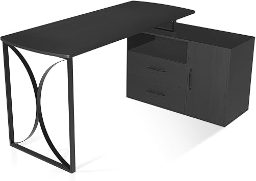 ivinta 55.1" L Shaped Desk with Drawer Cabinet and Storage Hutch, Modern Home Office Desk with 35.4" File Cabinet for Writing Study Work, Vanity Desk for Living Room Office Bedroom, 7189 Black