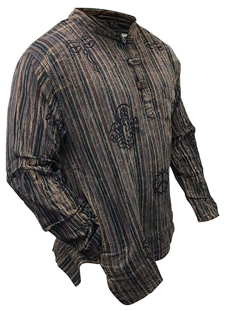 SHOPOHOLIC FASHION Unisex Stonewashed Striped Light Weight Hippy Grandad Shirt, Brown, 4XL