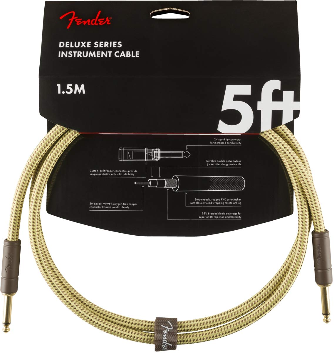 Fender Deluxe Series Instrument Cable, Guitar Cable, Guitar Accessories, Straight/Straight, Tweed, 5ft