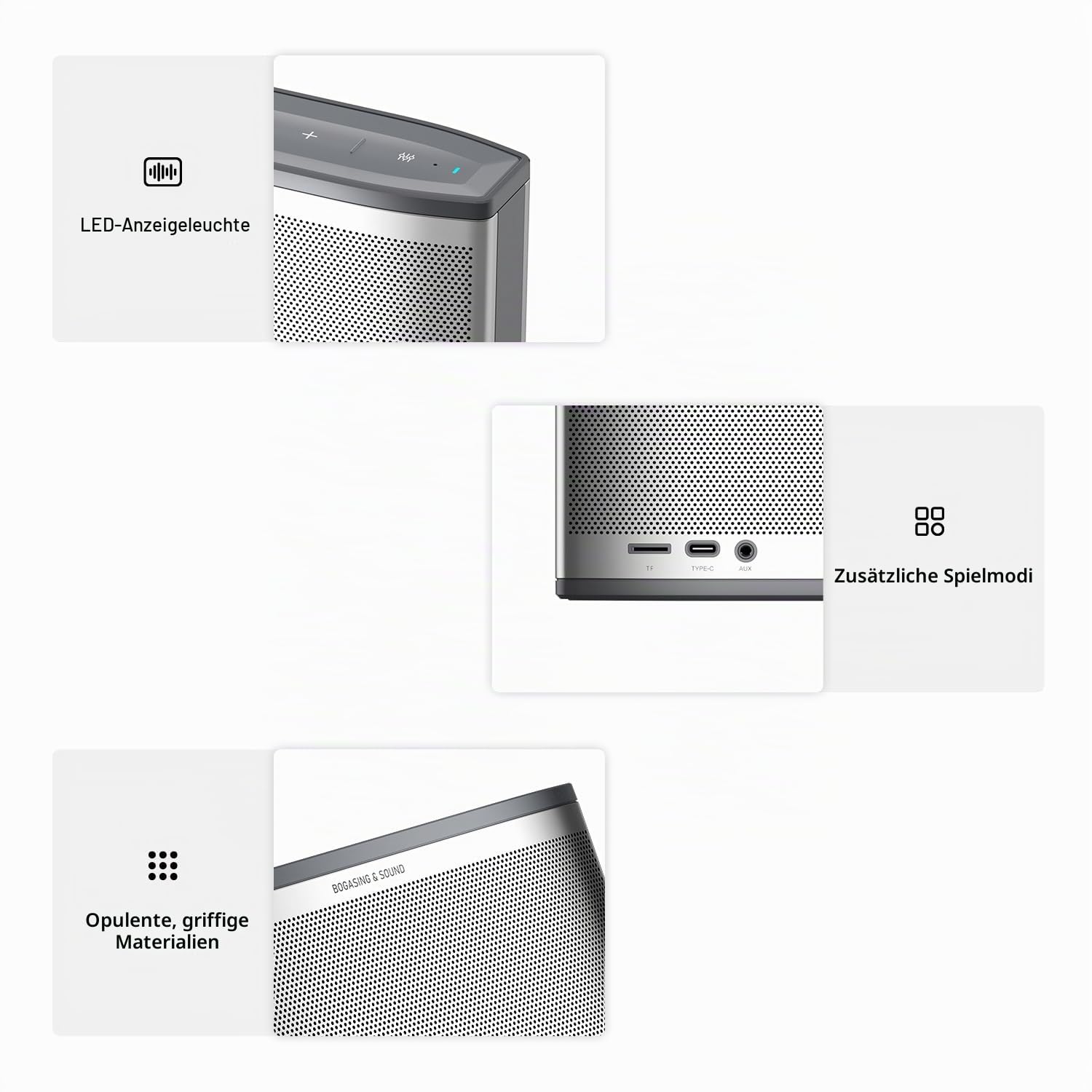 BOGASING Era S9 Pro Bluetooth Lautsprecher, 2-Kanal Musikbox mit Stereo-Sound, Dual passiven Radiatoren, 48h Wiedergabe, EQ, TF Karte, AUX, kabelloser Bluetooth Box für drinnen und Büro (Silber)