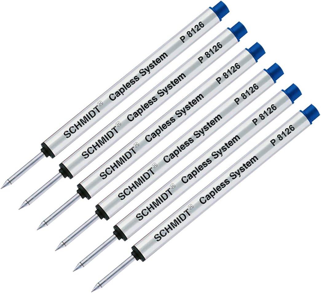 SCHMIDT P8126, P8126 Short Blue, 6-Pack Capless Roller Ball refills, fits Retro 51 Tornado Roller Ball Pens. Same as Retro 1951 Short Capless Rollerball Ink Refill Fine Tip
