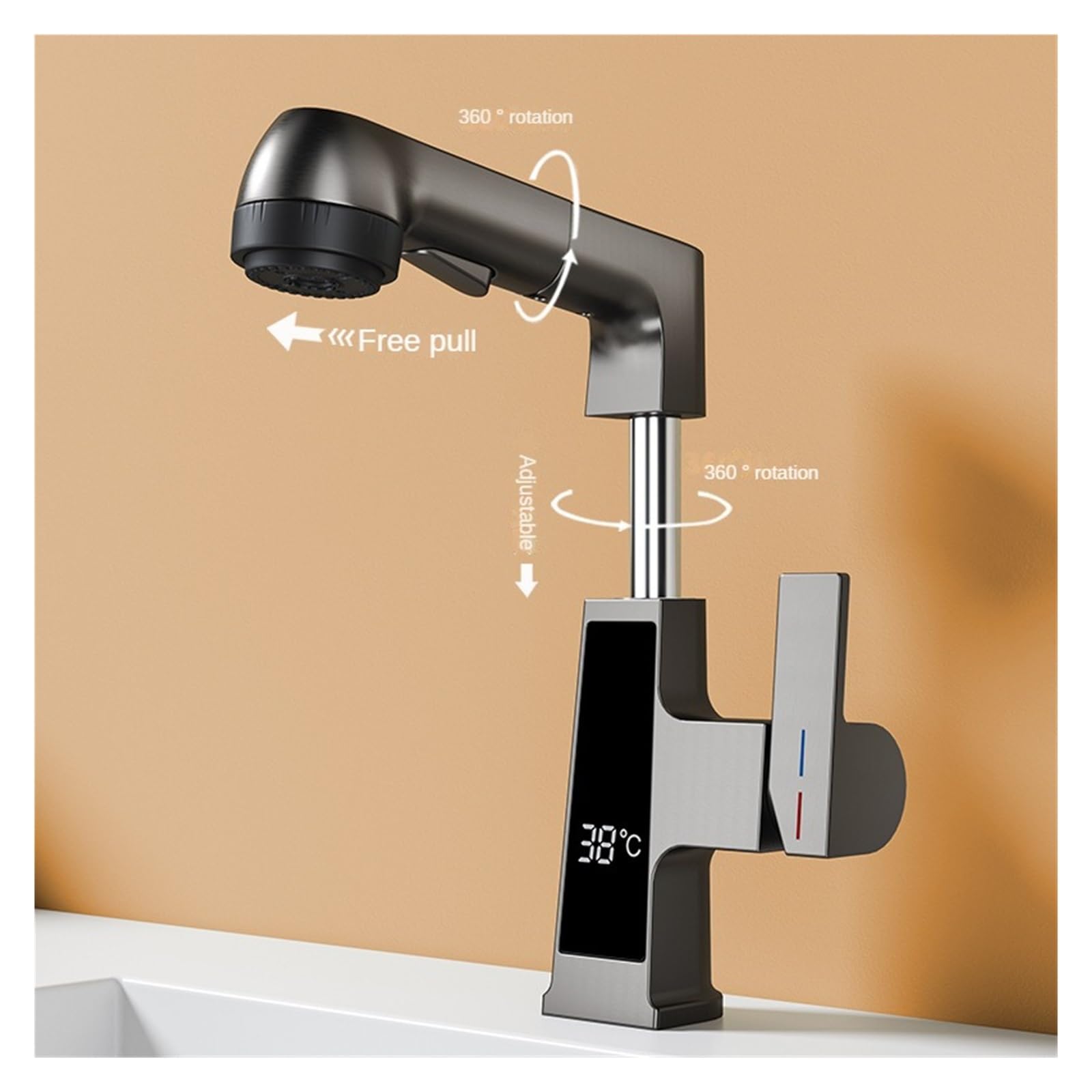 El Lavado de Lavado de Lavado de Cocina de Cocina y Tirar de la Pantalla Digital del Grifo del Fregadero del Fregadero frío y la Salida de Agua de la cuarta Engranaje Dual de Control Caliente (Negro