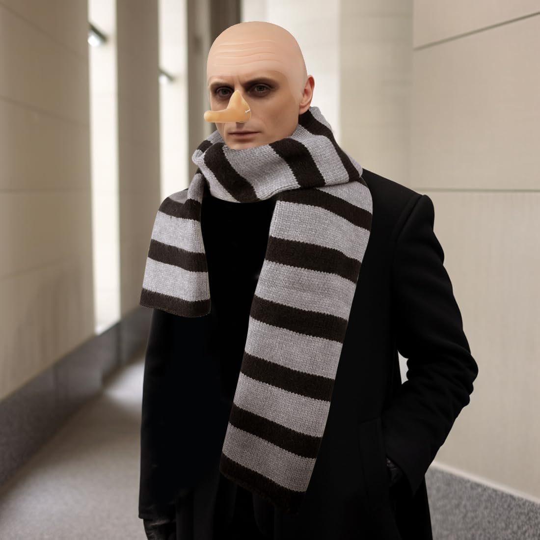 MOVINPE Gru Costume Accessories for Mens Halloween Supervillain Cosplay Party Set Gray Black Striped Scarf Fake Nose Latex Bald Head Wig Cap Classic Character Halloween Dress Up Kit