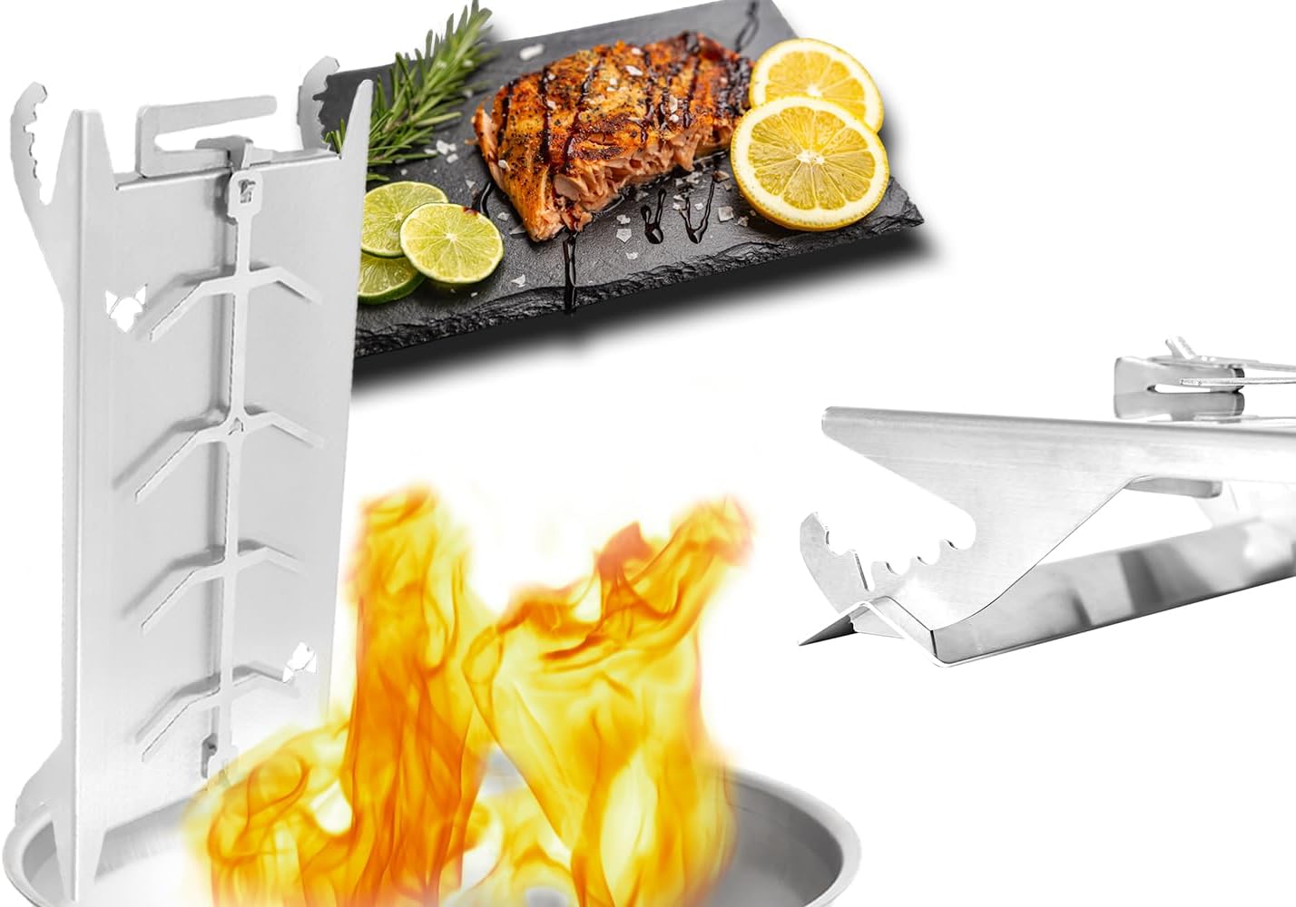 FENNEK Shorty Small Stainless Steel Flame Salmon Holder for Fire Bowls & Grills with Special Clamping Mechanism - No Screws Required | Rotates 180° | Made in Germany