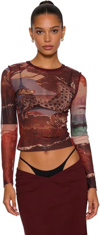Women's Sheer Mesh Long Sleeve T Shirt Abstract Print Slim Fit Crew Neck Tops Sexy See Through T-Shirts