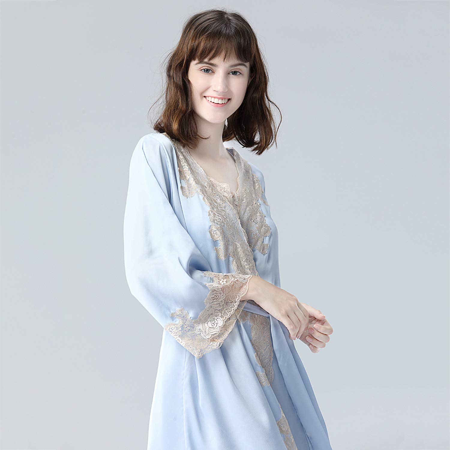 Traje De Kimono De Encaje Azul, Bata Satinada, Pijamas Sueltos con Bata De Baño Y Ropa De Dormir De Verano M