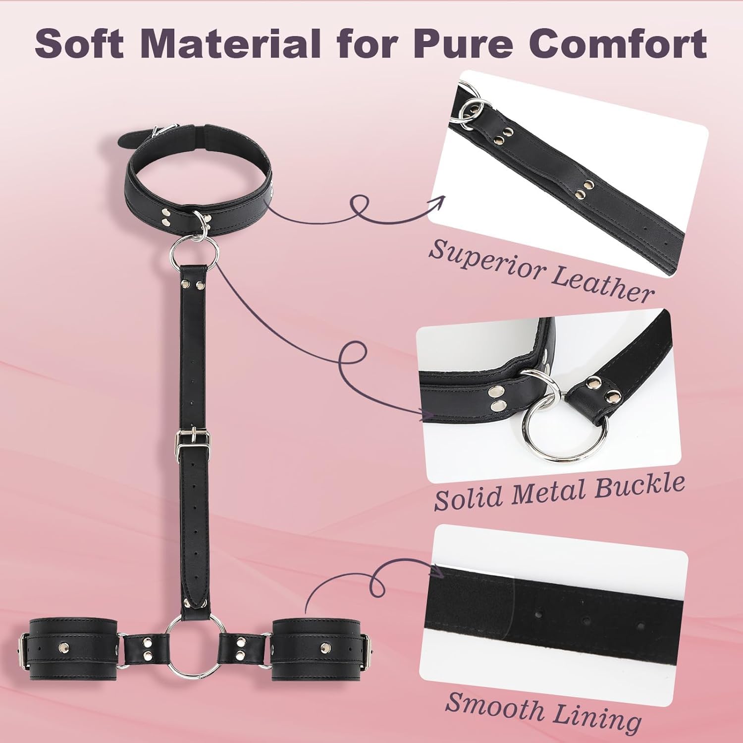 Ensemble de Bondage en Cuir Noir, Collier et Menottes Réglables, Kit de Contrainte pour Couples