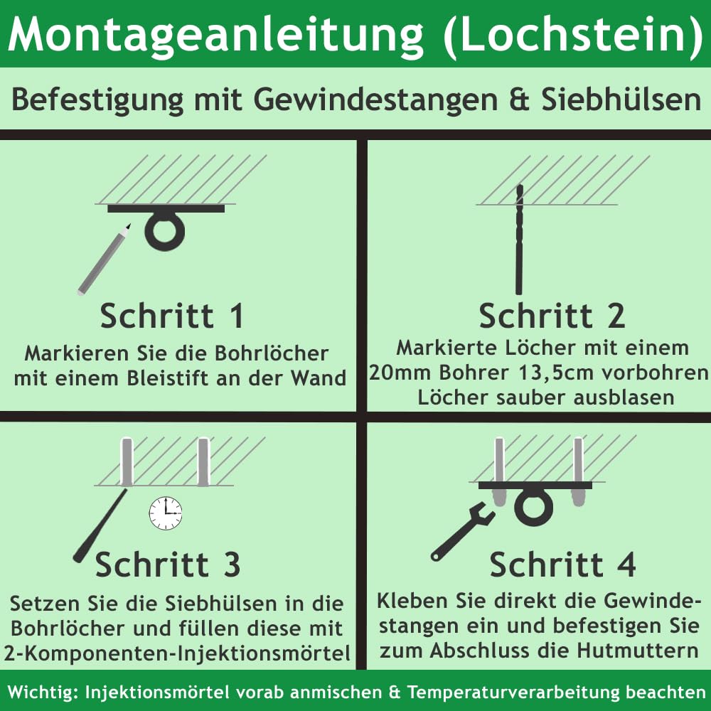 Befestigungs-Set für viereckige Sonnensegel | 3 Wandhalter & Masten verstellbar & inkl. Zubehör - (In Mauerwerk - 2X Wandhalter/Verankerungen, 2X Wantenspanner/Karabiner)
