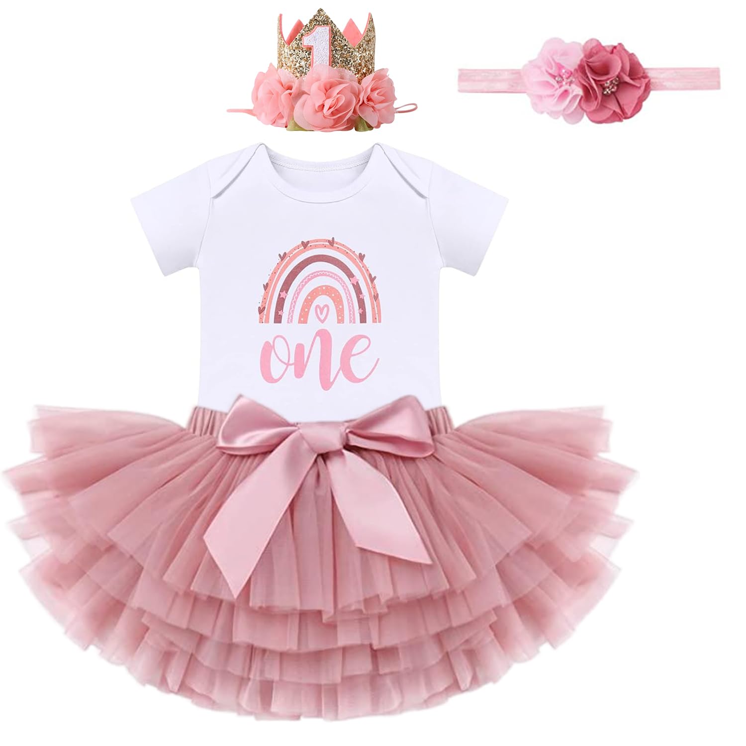 Baby Girl First Birthday Outfit,Floral Lace Romper Set,Boho 1st Birthday Tulle Tutu Dress Set for 1st Birthday,1st Flower Crown Headband for Photo Shoot Clothes,Birthday Party