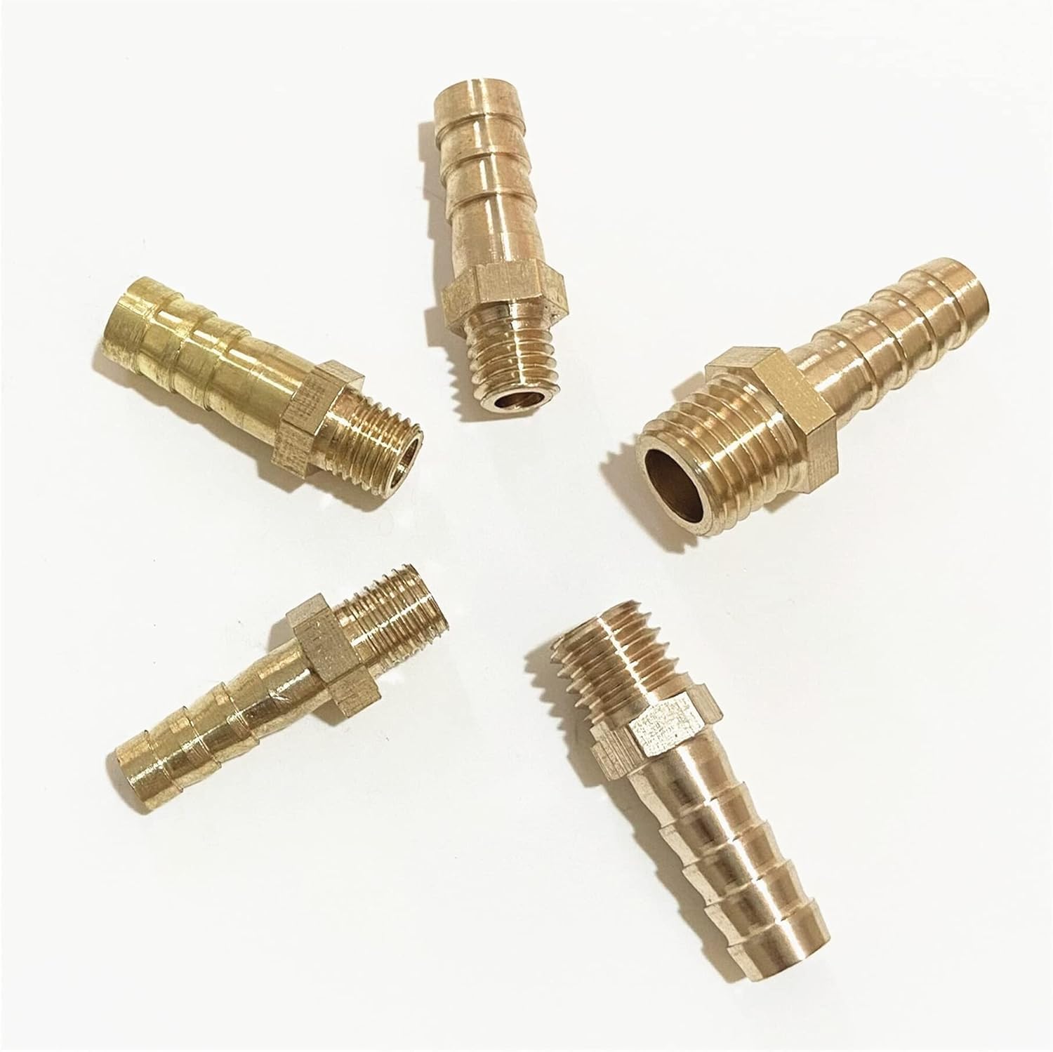 5pcs Brass Hose Barb to Metric Male Thread Pipe Fittings – 6mm, 8mm, 10mm for M8, M10, M12, M14, M16(10mm Hose Barb,M10x1.25mm)