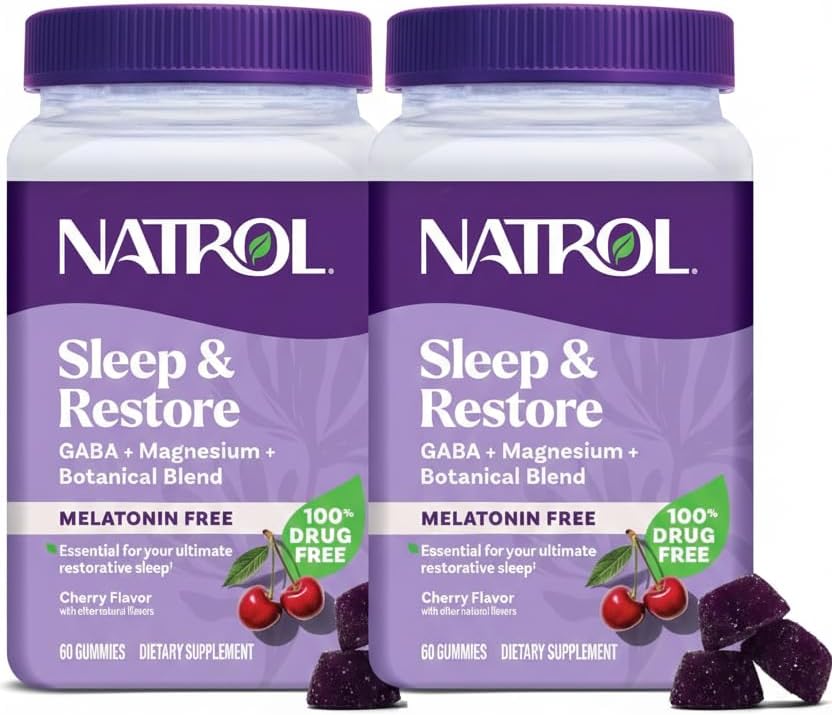 Natrol Sleep & Restore Magnesium Glycinate Blend Gummies, Magnesium for Sleep Aids for Adults, Melatonin-Free, Cherry Flavored, 30 Day Supply, 60 Gummies (Pack of 2)