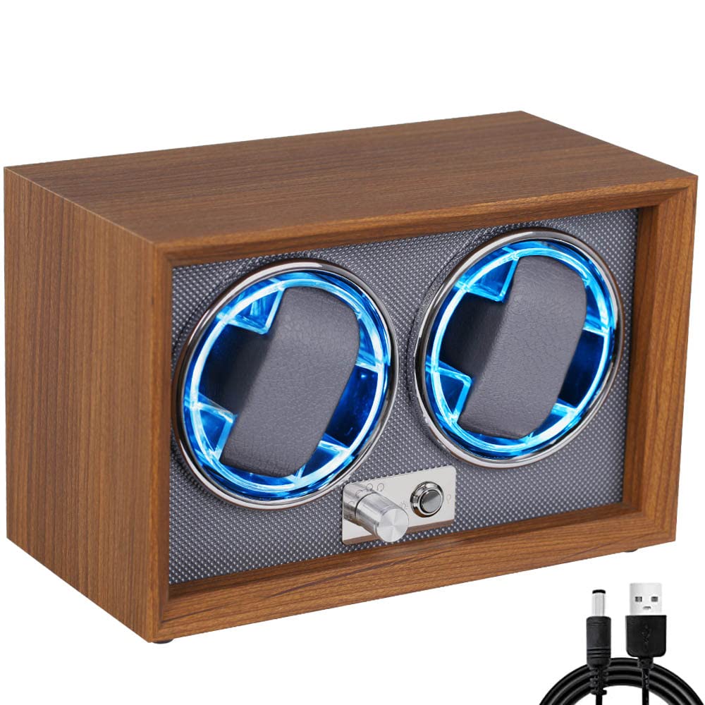 Blendra Grey Automatic Watch Winder Dual Watch Storage - Quiet Motor 4 Rotation Modes With Led Light & Ac Adapter, Soft Flexible Pillow For 2 Watches