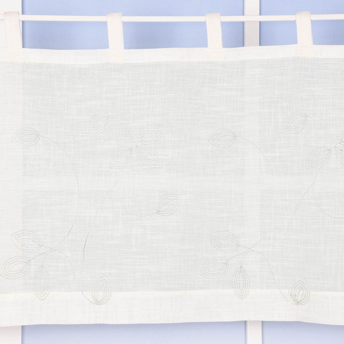 SCHÖNER LEBEN. Rideau brise-bise bio en coton bio avec broderie feuilletée - Structure en lin - Blanc laineux - Vert - 150 x 50 cm