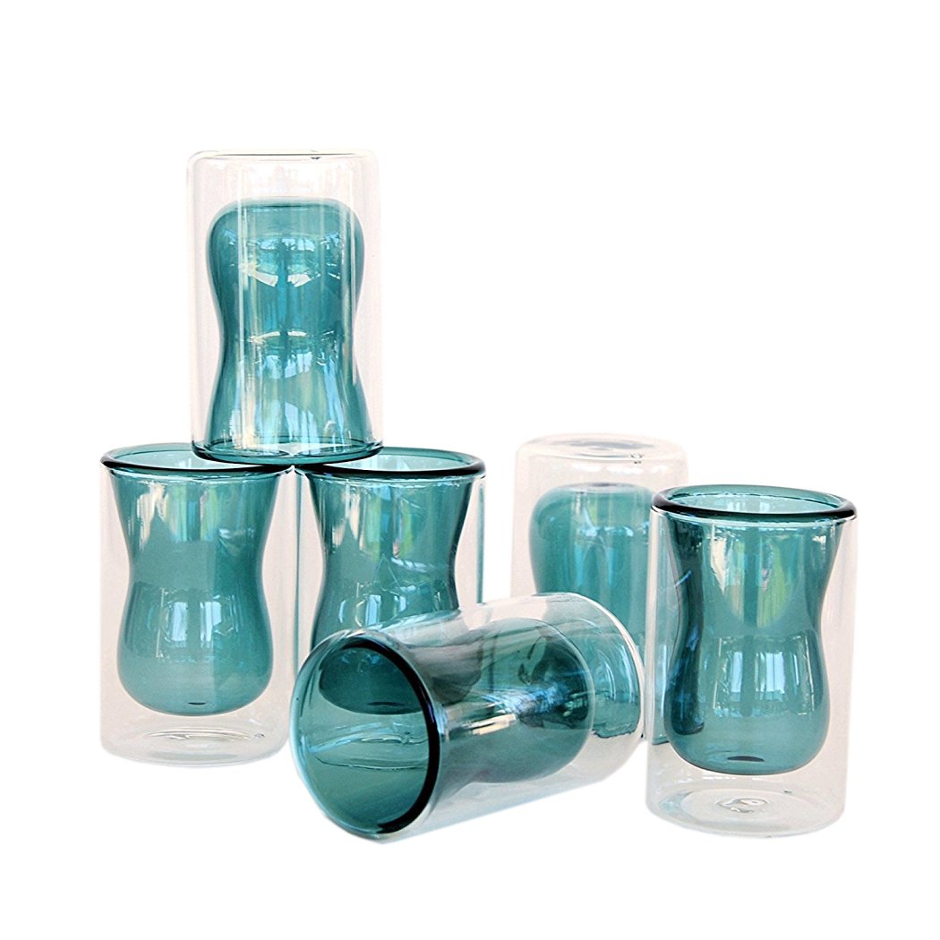 Tianyuan 100ml Double Wall Glass Tumblers 3.4oz Coffee Cup Shot Glass Set of 6 Teal