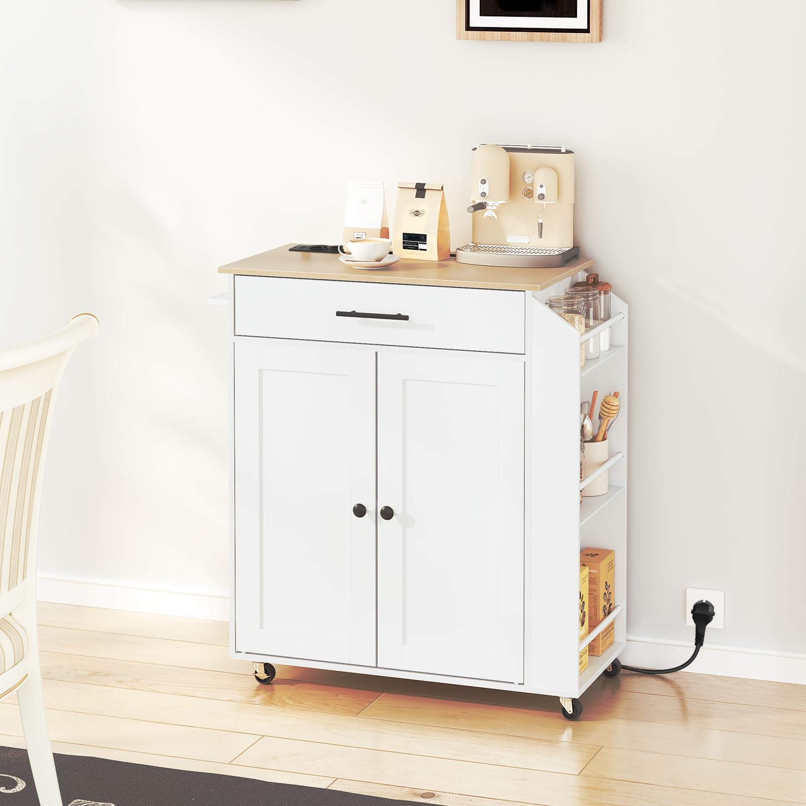 HOOBRO Küchenwagen mit Arbeitsplatte, Kücheninsel Küchenschrank mit Steckdosenleiste, bewegliche Kücheninsel mit Schublade und Gewürzregal, Küchenwagen auf Rollen, 80,8 x 38 x 86 cm EWN82CZD01