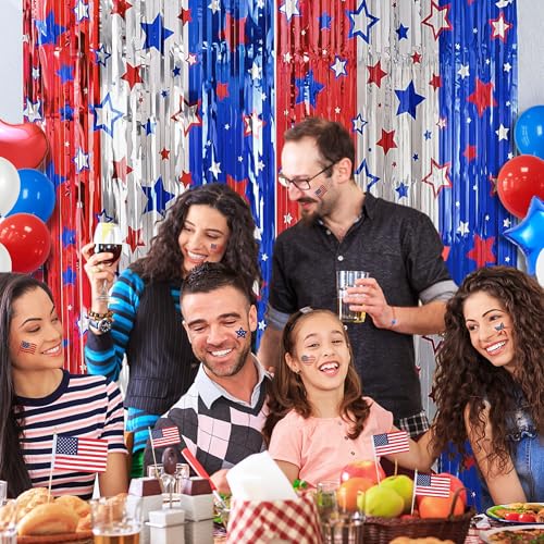 Image of 4th of July Foil Fringe Curtains Red White Blue Decorations | 2 Pack, Independence Day, Patriotic Party Backdrop, Streamers