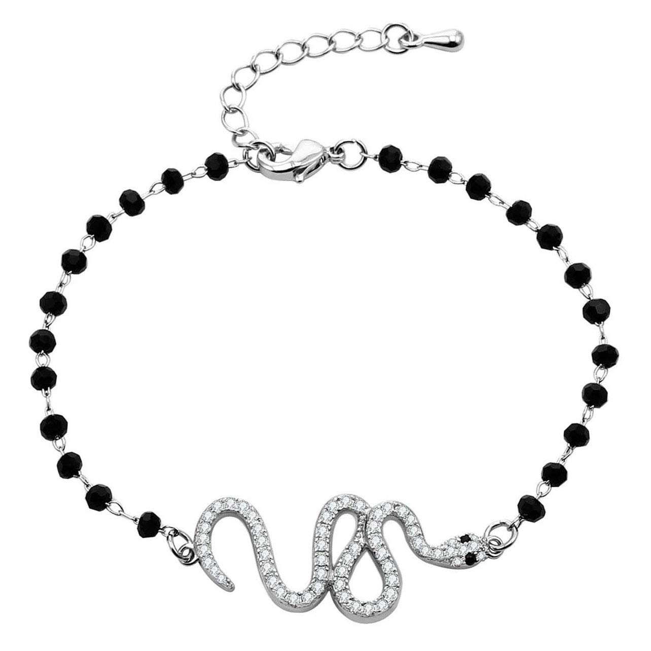 pengjin-Bracciale con ciondolo a quadrifoglio portafortuna, in acciaio inox, con perline nere, semplice braccialetto portafortuna