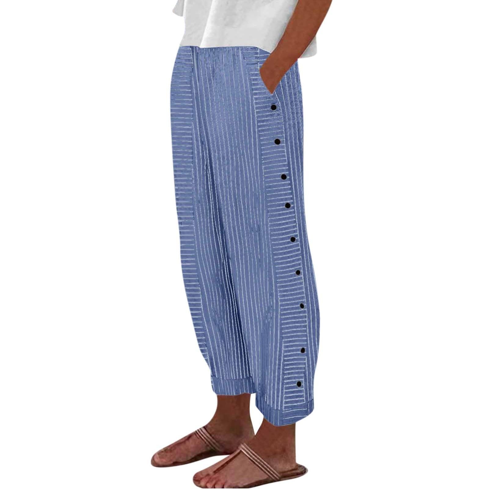 Summer Pants for Women Striped Printed Button Pants Cotton Linen Casual Straight Leg Trousers with Pocket