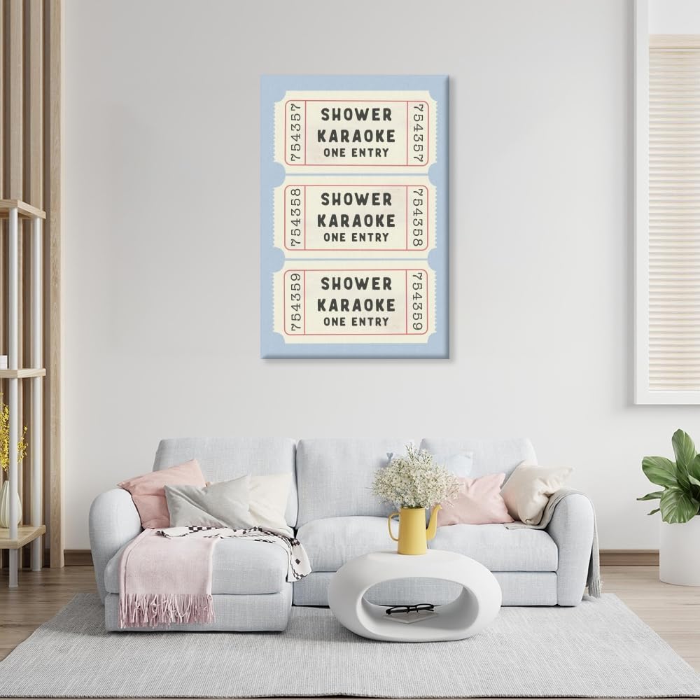 Funny Shower Karaoke Ticket Print Bathroom Poster for Decor, Retro Blue Toilet Wall Art, Cute Vintage Bath Decor, Aesthetic Art, Guest Bathroom Canvas Wall Art 12x18inch Framed