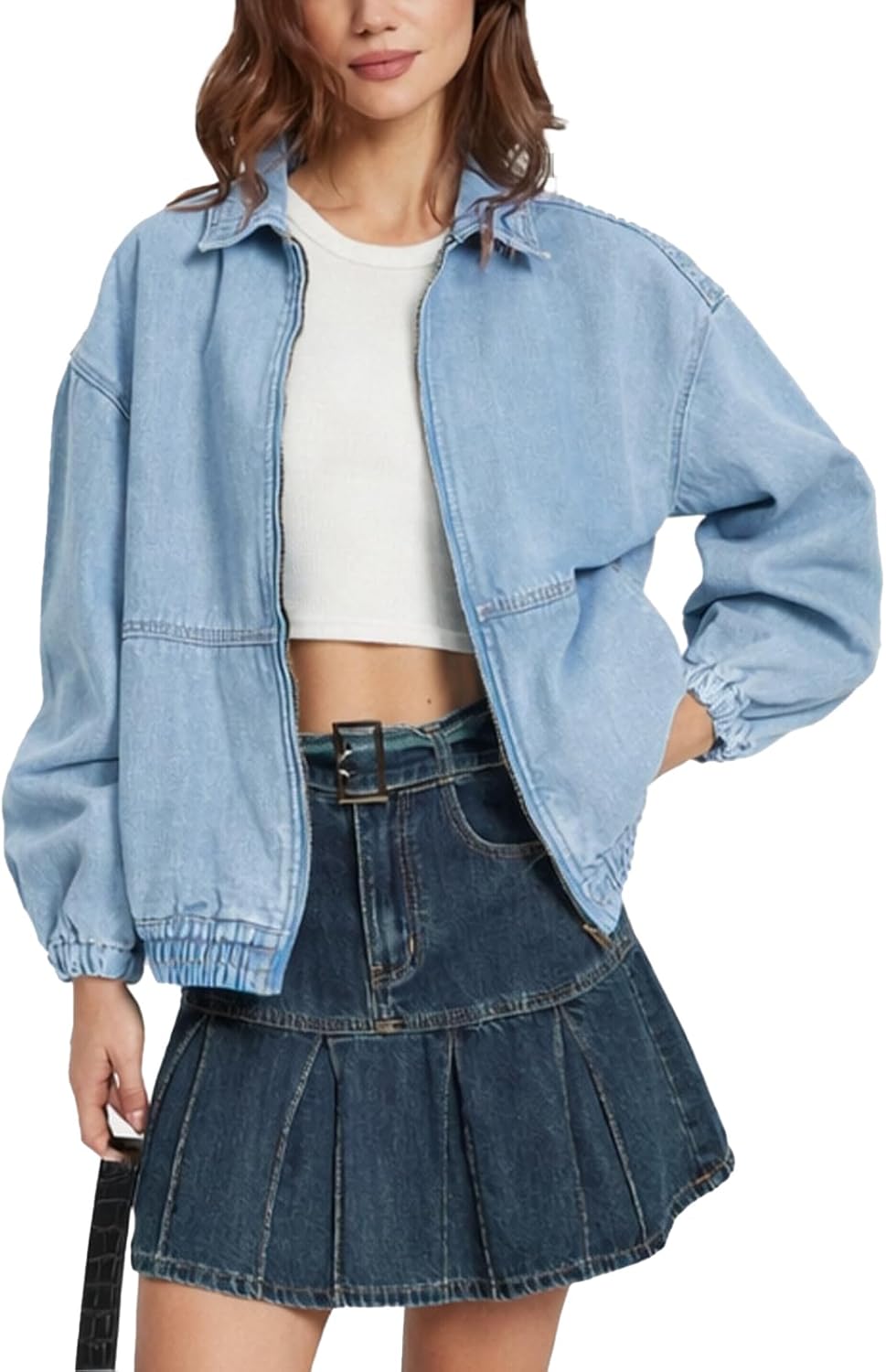 D-Sun Women's Denim Jacket Oversized Zip Up Elastic Hem Classic Casual Loose Fit Bomber Jean Jackets