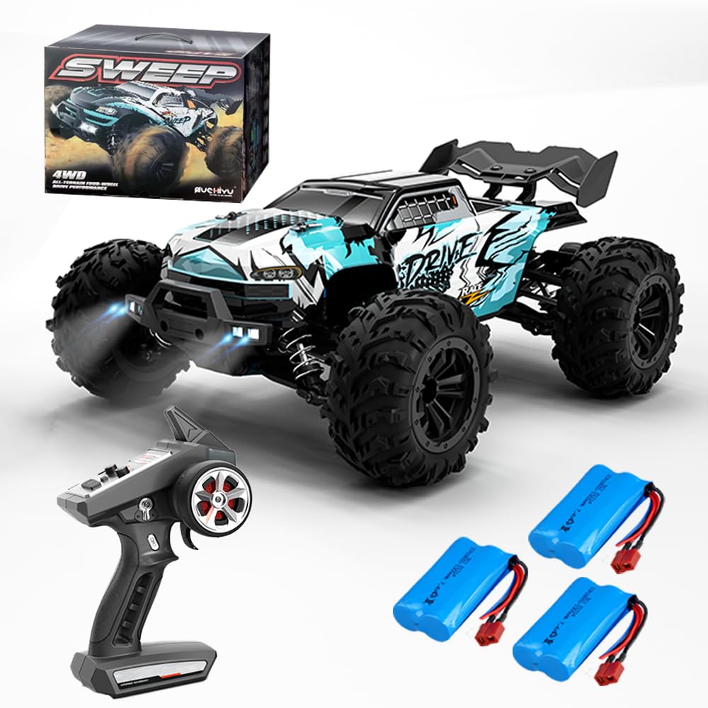X-Verse Zdalnie sterowany samochód 1:16, 70 km/h, z silnikiem bezszczotkowym, 4WD RC, samochód terenowy, 2,4 GHz, All Terrain, Offroad, RC Truck Truggy dla dorosłych, 3 baterie (niebieski)