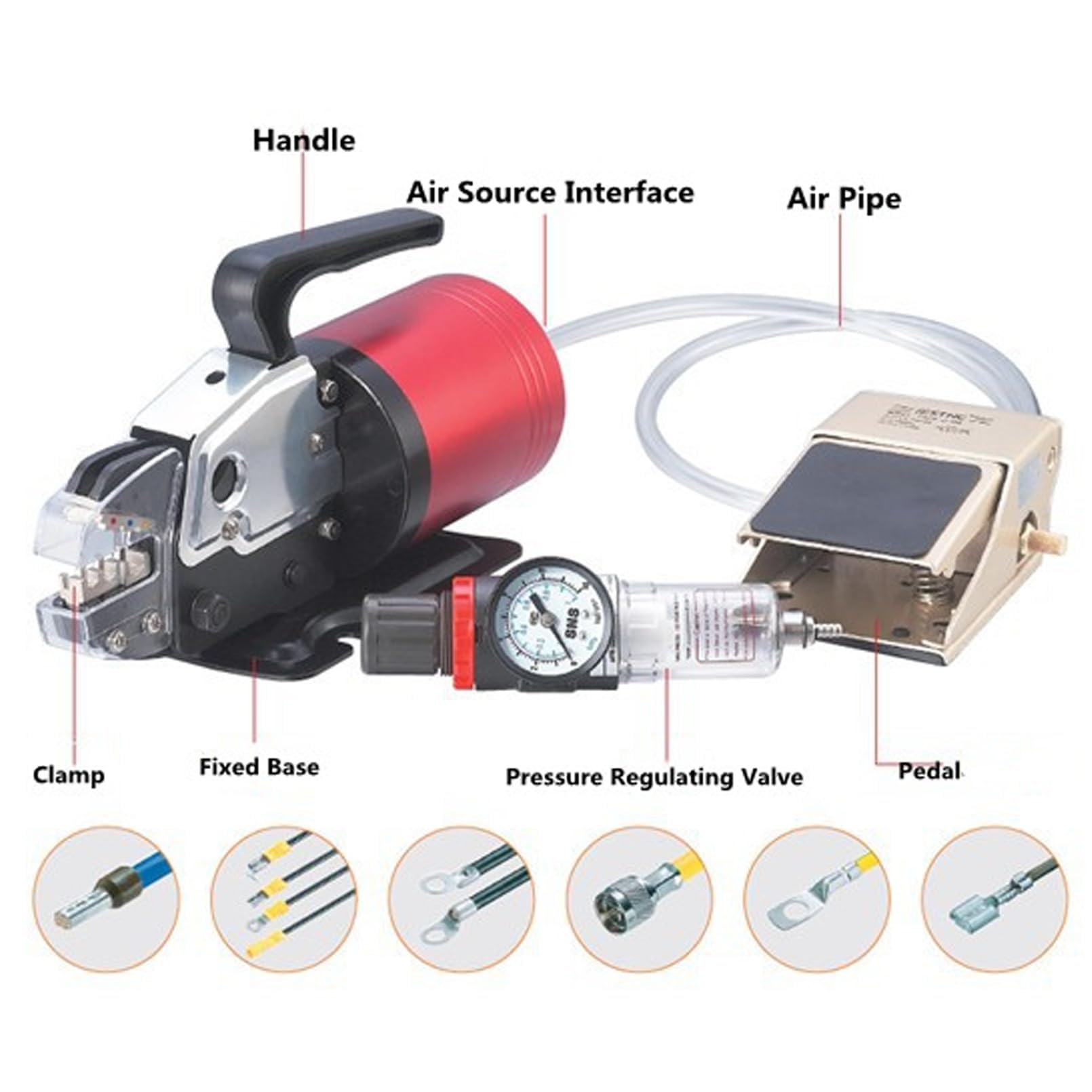 Pinza a crimpare pneumatica Portatile, Pinza per crimpare terminali per Cavi alimentata ad Aria con crimpatura precisa e Aderente 1200 Volte/Ora 1,3 T con regolatore di Pressione da 0,5 MPa