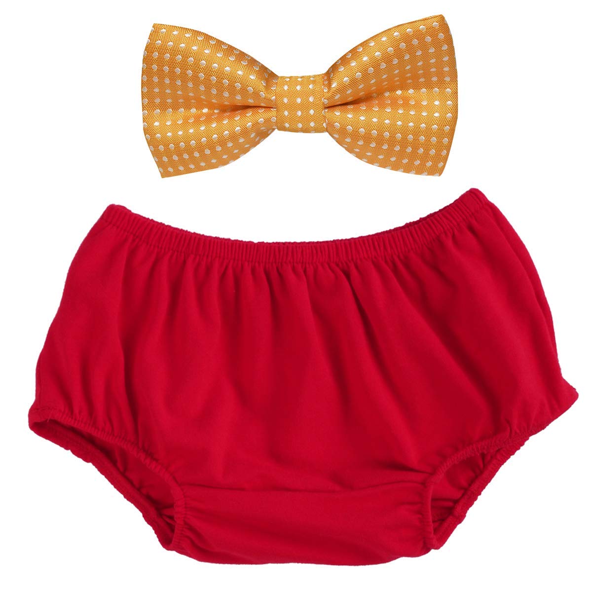 Baby Boys Cake Smash Outfit 1st Birthday Cotton Pants Bloomers Bowtie Set/Bow Ties Photo Prop - Various Designs (Red+Yellow)