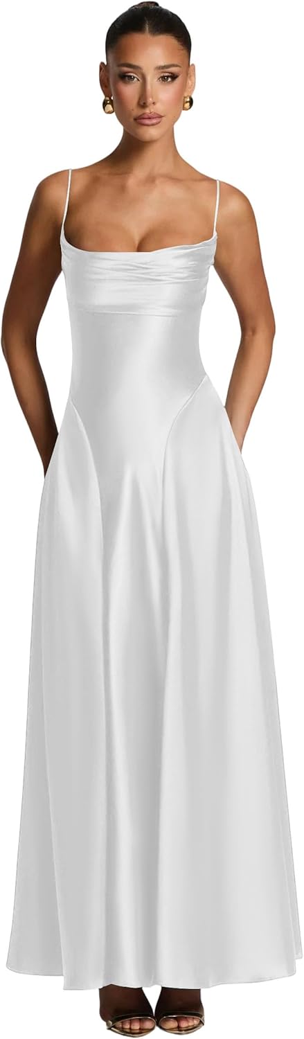 Long Satin Prom Dresses Cowl Neck A-Line Formal Evening Dress GO034