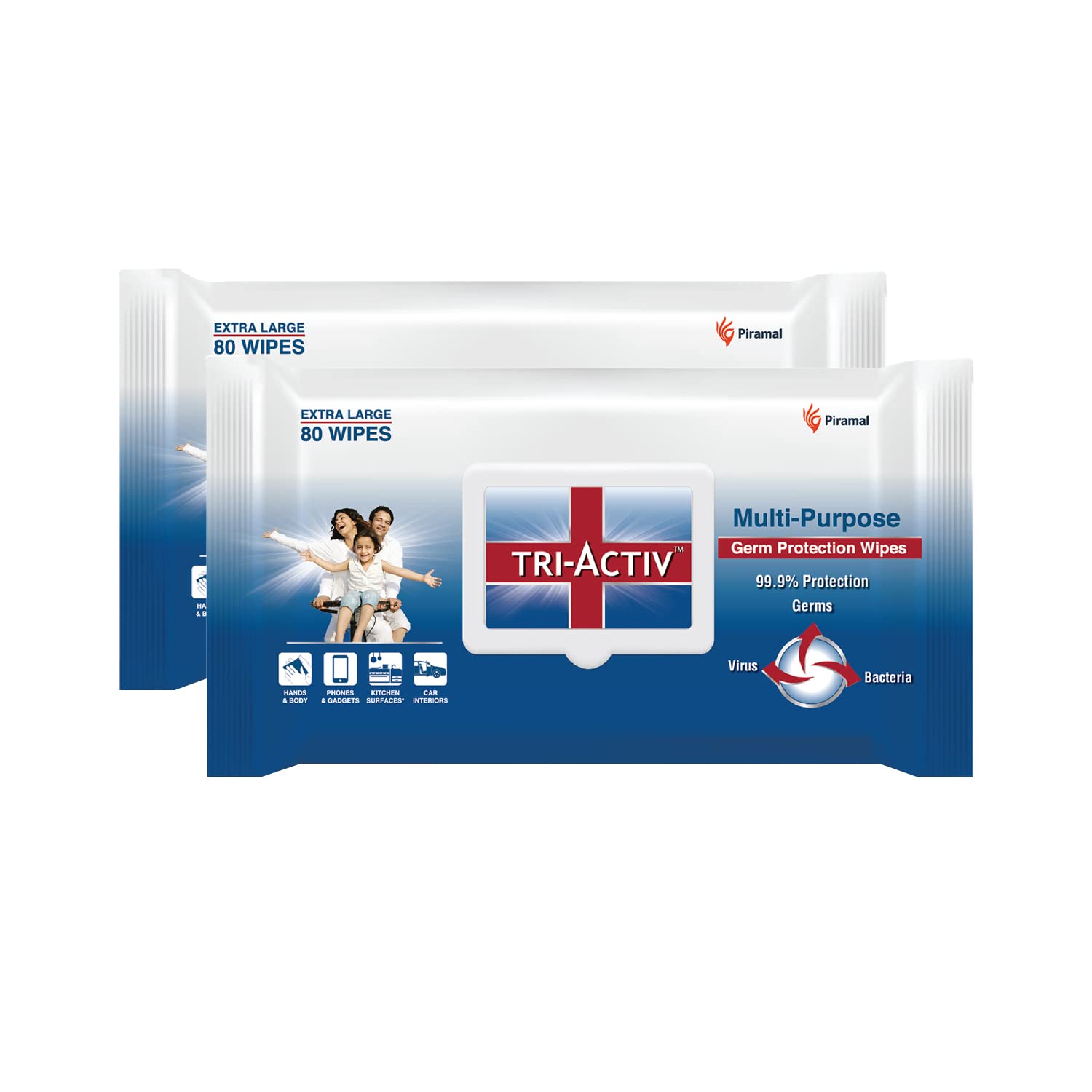 Tri-Activ Disinfecting and Sanitizing Multipurpose Germ Protection Wipes | 33% Extra Large 80 Wipes Lid pack| Pack of 2, White