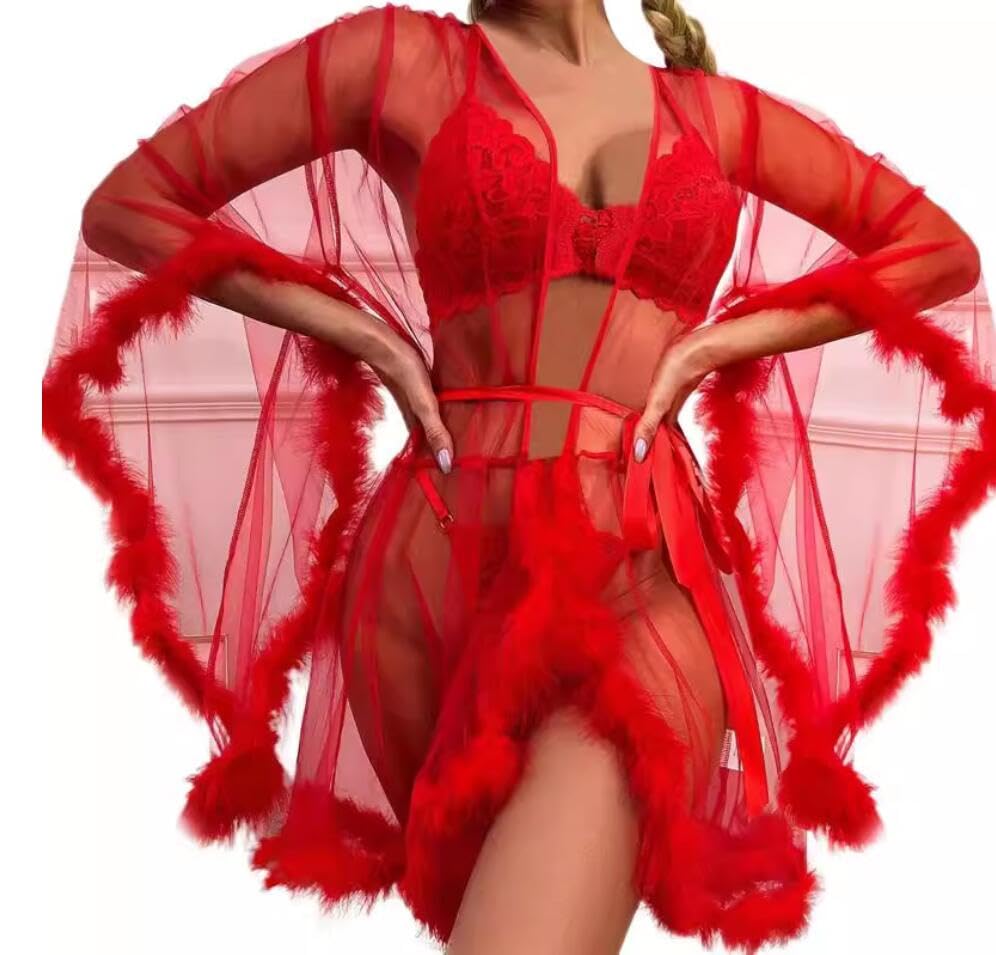 MioCloth Sexy Tulle Feather Robe Sheer Mesh Fur Illusion Robe Nightgown Bridal Lingeries Gift Women Feather Trim Dress3