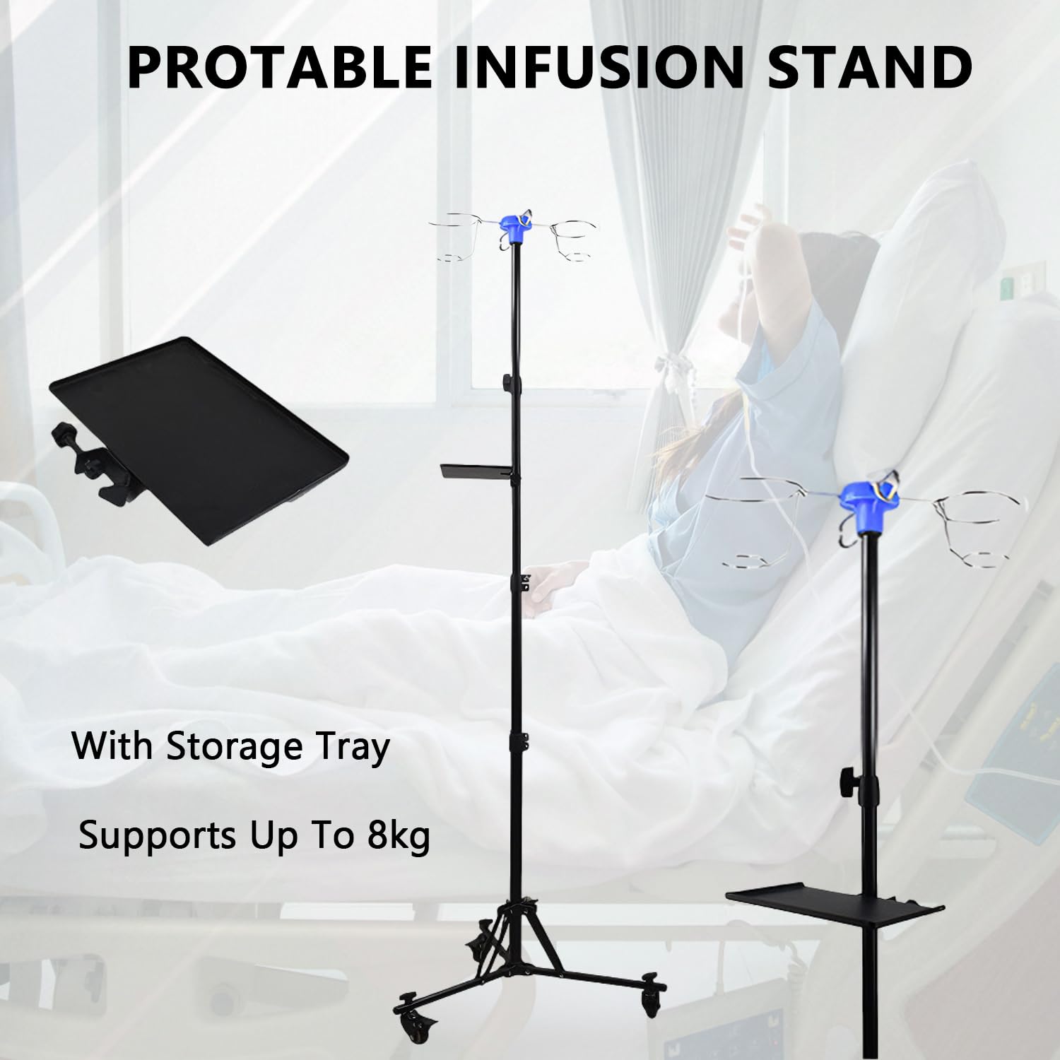 Soporte de infusión con ruedas, plegable, con soporte de acero inoxidable, gancho y paleta, soporte de infusión de acero inoxidable, altura ajustable de 90 a 190 cm