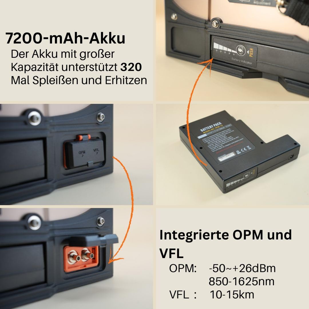 SD-9 Glasfaser Spleißgerät mit OPM und VFL Erstaunlich 5-Sekunden-Spleißen und 11-Sekunden-Heizung, Fusion Splicer LWL Spleißgerät Kit Kernausrichtung 6 Motoren mit 7200-mAh-Akku