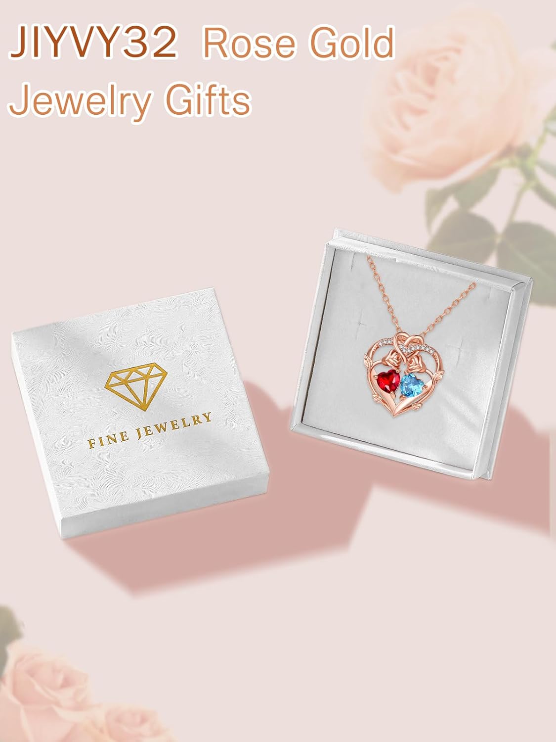 Rose Gold Necklaces for Women Double Birthstone Rose Flower Heart Pendant Necklace Jewelry Anniversary Christmas Valentine's Mother's Day Birthday Gift for Wife Mom Her Girlfriend Sister