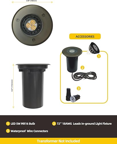 Miniatura 4 de COLOER Luces de pozo de latón fundido a presión, paquete de 4 con bombilla, 5 W 2700 K, luz blanca cálida para exteriores, luces LED de bajo voltaje