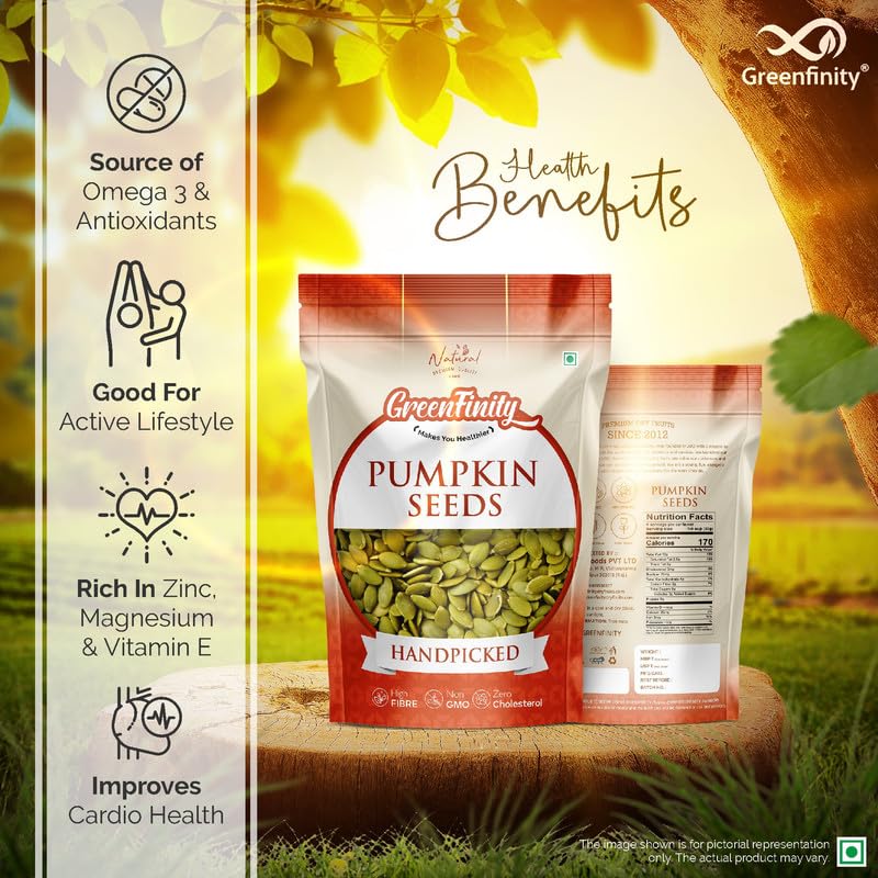 Image of GreenFinity Raw Pumpkin Seeds | Rich in Fiber, Protein and Antioxidants | Healthy Diet Snack Superfood Ideal for Immunity Booster, Cooking, Salads, Baking, Smoothies and Everyday Munching (500g)