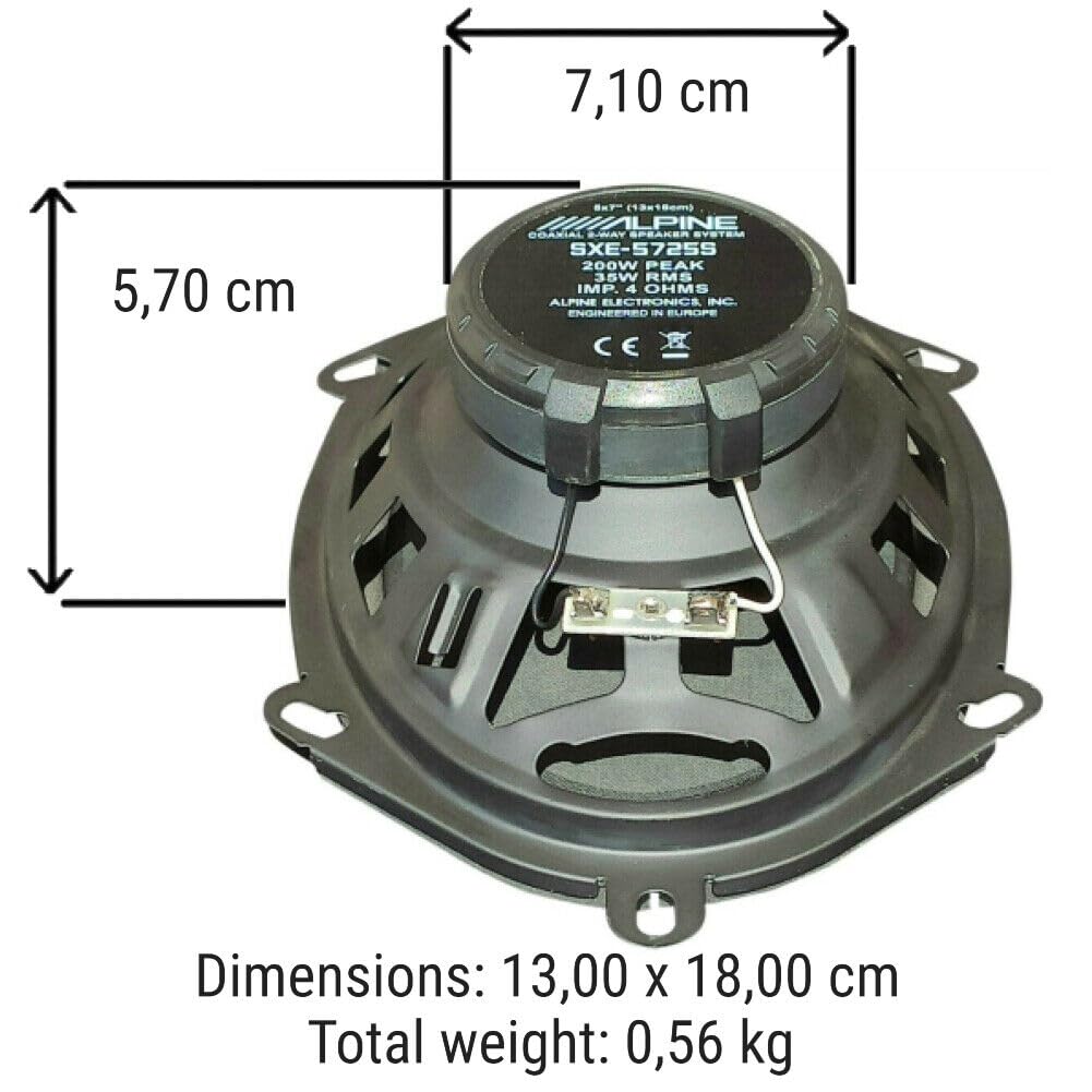 KIT SET PER ALPINE SXE-5725S 2 altoparlanti coassiali 2 vie ovali 5 x 7 13 x 18 cm 130 x 180 mm 35 watt rms 200 watt max 4 ohm, a coppia + viti di installazione e accessori