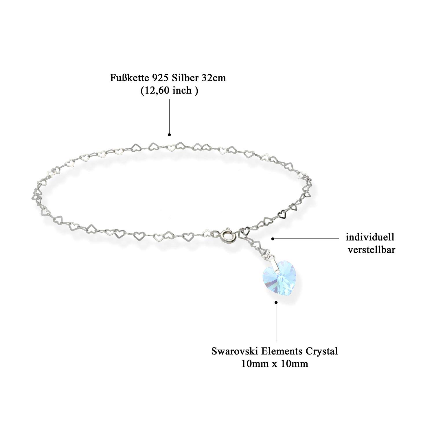Cavigliera XL 32 cm in argento Sterling 925 da donna con ciondolo a forma di cuore Swarovski Elements, regolabile individualmente, per donne e ragazze.