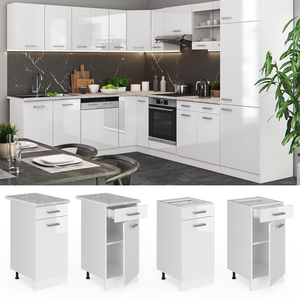 Vicco Mueble bajo de Cocina R-Line, Blanco Alto Brillo, 40 cm sin encimera, para combinación Libre Dentro de Sistemas de Cocina modulares