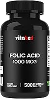 Vista 1 de Ácido fólico 1 mg (1000 mcg) (vitamina B9) - 500 tabletas vegetarianas - una vitamina prenatal y posnatal esencial
