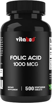 Vitabod Folic Acid 1 mg 1000 mcg Vitamin B9 - 500 Vegetarian Tablets - an Essential Prenatal and Postnatal Vitamin