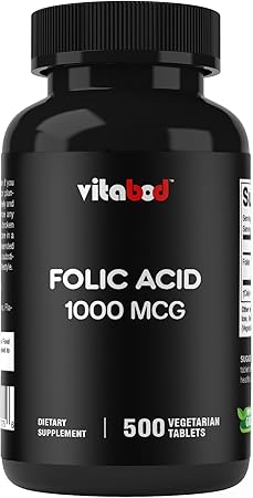 Folic Acid 1 mg (1000 mcg) (Vitamin B9) - 500 Vegetarian Tablets - an Essential Prenatal and Postnatal Vitamin