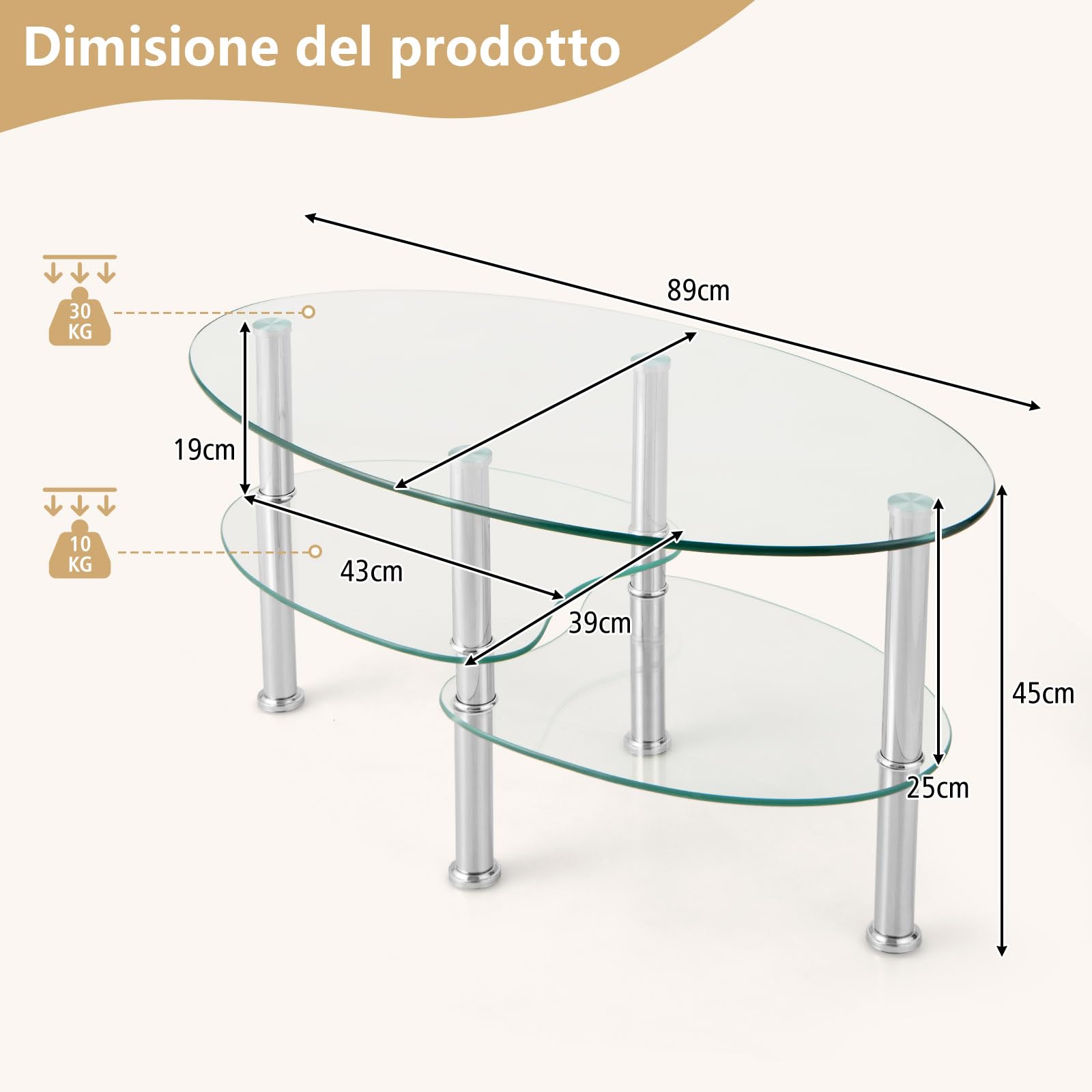 COSTWAY Tavolino da Salotto in Vetro Temperato Moderno, Tavolo Basso e Ovale con Piano Spazioso e 3 Livelli, Ideale per Soggiorno e Ufficio, 89 x 49 x 45 cm (Trasparente)
