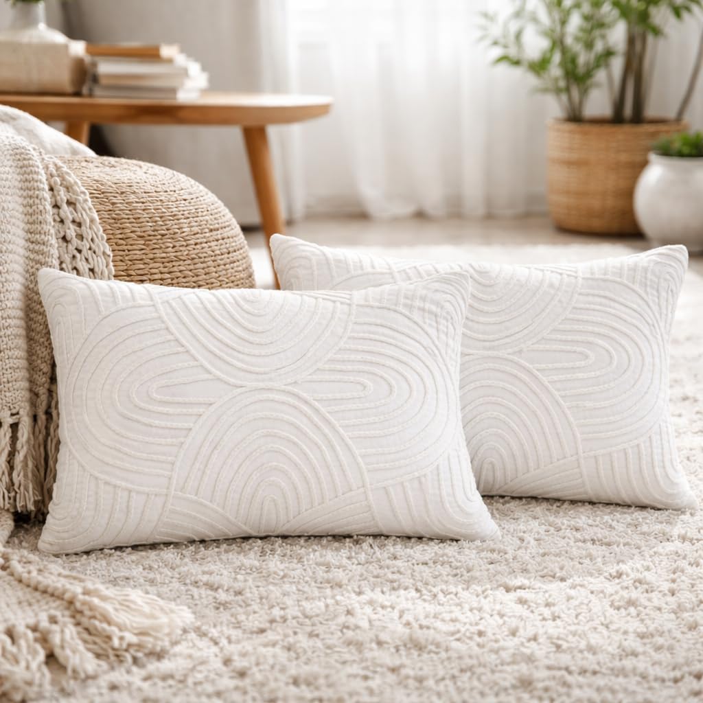 Bedding Craft Pillow Covers Set of 2 – Embroidered Pattern Throw Pillow Cases – 14x20 Inch Cotton Cushion Covers for Sofa, Couch, Bedroom, Living Room Décor – White Decorative Pillow Covers