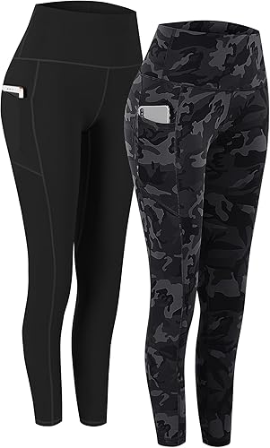 Fengbay - Paquete de 2pantalones de yoga de cintura alta con control de abdomen y bolsillos, leggings para correr y entrenar, elásticos en