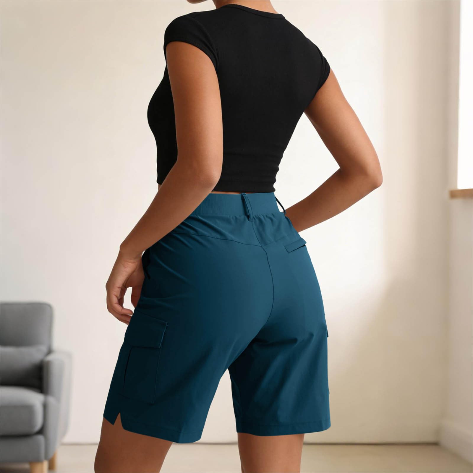Generisch Cargo Shorts Damen Outdoor Wanderhose Kurz Stretch Funktionelle Bermudas mit Taschen Trekkinghose Sommerhose Locker Sitzende Kurze Hose mit Knopf Reißverschluss für Wandern Freizeit Camping